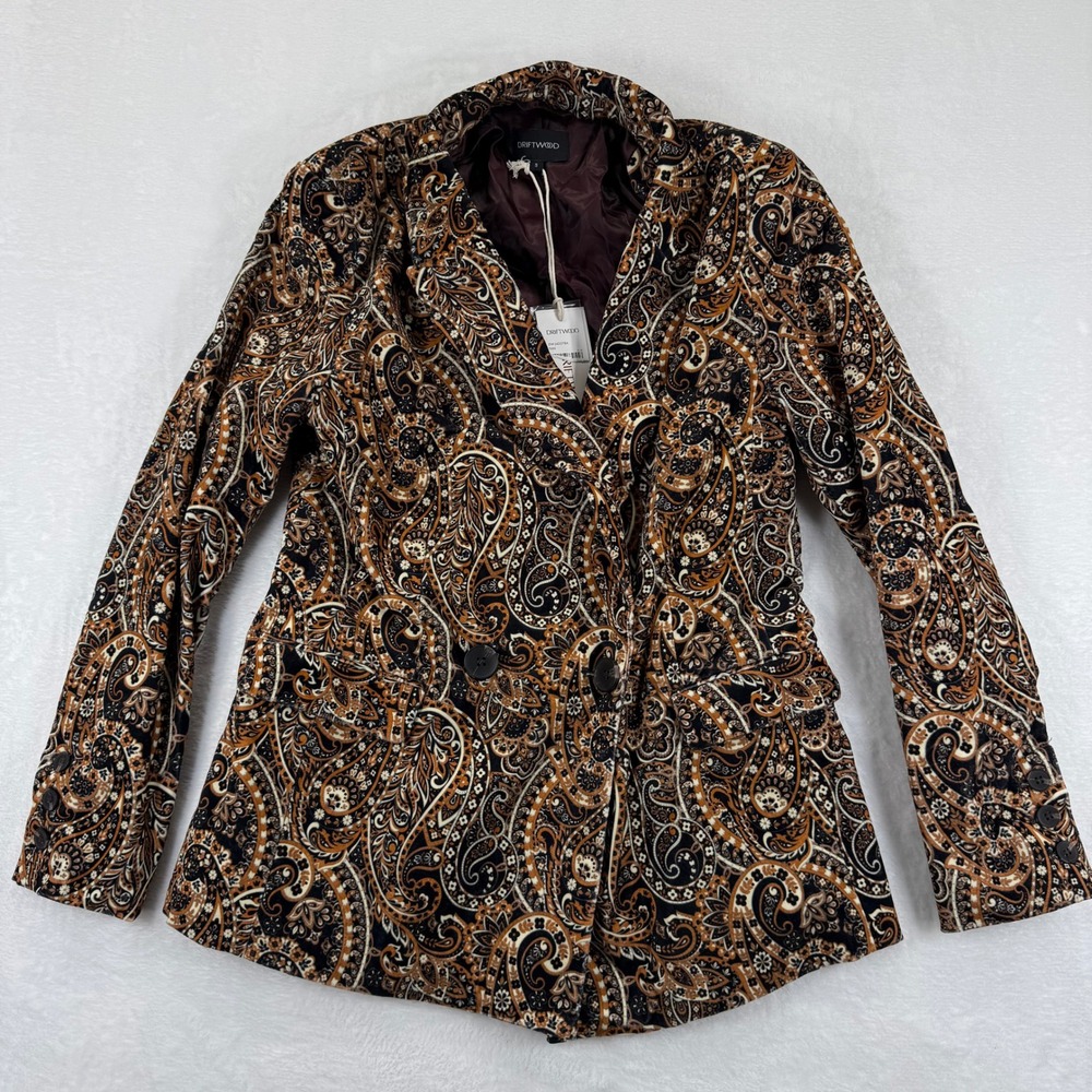 DRIFTWOOD Paisley Print Velvet Blazer Jacket Women's Size S Brown‎ Black Gold